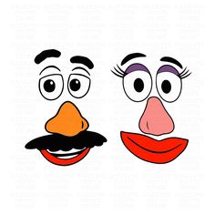 two cartoon faces with mouths and mustaches on each face, one has an orange nose