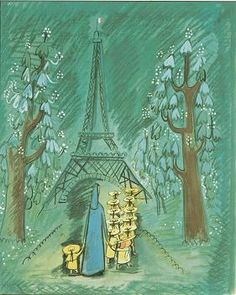 a drawing of the eiffel tower in paris, with people standing near it