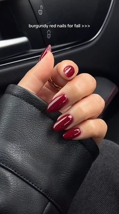 #nails #red #burgundy #inspo Winter Nails Wine Red, Deep Maroon Nails Burgundy, Burgundy Glossy Nails, Wine Red Round Nails, Cherry Wine Red Nails, Hailey Bieber Nails Burgundy, Carmine Red Nails, Dark Cherry Red Nails Square, Nail Inspo For Nyc