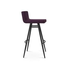 an upholstered stool with black legs and a purple seat, on a white background