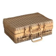 Beautiful mid-century natural hand-woven wicker luggage case. Very well maintained over the years, this case is in excellent vintage condition. Only minor age-appropriate wear and signs of use, including a few small breaks that do not detract from the look of this piece.  Great for display or a variety of uses, including as a small picnic basket, for storage or as carrying case. Looks beautiful stacked with other wicker cases. Luggage Case, Small Suitcase, Big Kids Room, Vintage Suitcase, Vintage Wicker, Carrying Case, Picnic Basket, Big Kids, Over The Years