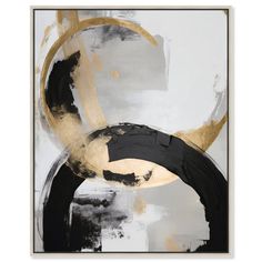 an abstract painting with black and gold paint