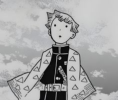 a black and white drawing of a boy wearing a jacket with triangles on it's sleeves