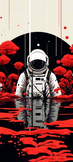 an astronaut is standing in the water with red trees and blood drips around him