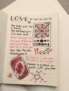 an open notebook with doodles and writing on the pages that read love is like a dream