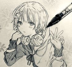 a drawing of an anime character with a pen