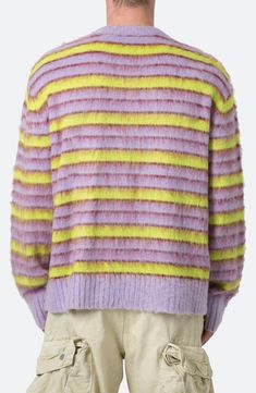 Brushed faux-mohair yarns create a delightfully fuzzy texture on this striped sweater cut in a standard fit with ribbed detail. 26" length Crewneck Long sleeves 100% polyester Machine wash, dry flat Imported Purple Mohair Sweater For Fall, Fuzzy Texture, Mohair Yarn, Mohair Sweater, Striped Sweater, Green And Purple, Nordstrom, Long Sleeves, Yarn