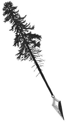 a black and white photo of a tree branch with an arrow sticking out of it