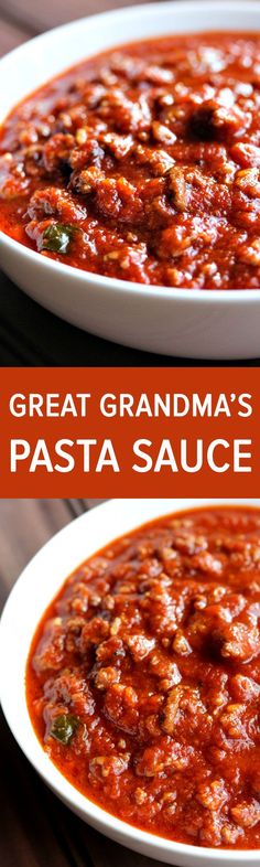 two white plates filled with pasta sauce and the words great grandma's pasta sauce