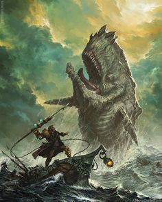 a monster attacking a man on top of a boat in the ocean