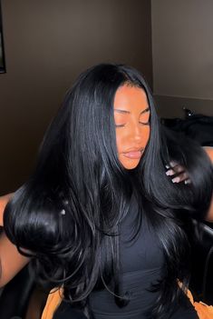 Long Hair Layers Black Women, Jet Black Hair Color Ideas Pale Skin, Long Flipped Hair, Long Dark Hair Blowout, Jet Black Hair Color Black Women, Long Black Hair With Extensions, Long Hair Sew In Black Women, Thermal Styles Hair, Long Layered Hair Natural