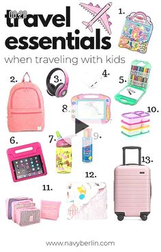 travel essentials for kids when traveling with kids, including backpacks and other items