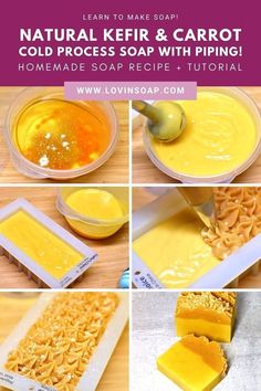 the process for making soap with piping is shown in four different pictures, including yellow and