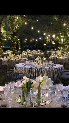 tables set up for an event with white flowers in vases