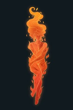 a drawing of a woman with orange hair and flames on her body, against a black background