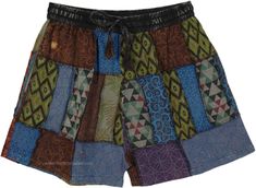 A pair of shorts made of thicker handmade cotton multicolor patchwork with stonewash in cross stitched reverse pattern that are comfortable as well as stand out like a charm.  The all-weather shorts feature a pocket on either side. #tlb #bohemianfashion #Handmade #Patchwork #HippieShorts Bohemian Patchwork Shorts, Multicolor Patchwork Cotton Shorts, Hippie Patchwork Shorts For Festival, Multicolor Patchwork Shorts For Festival, Multicolor Shorts With Pockets For Festivals, Nature Clothes, 100 Faces, Hippie Shorts, Boho Clothes