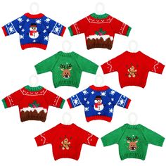 six christmas sweaters with snowmen and reindeer on them