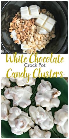 white chocolate crock pot candy clusters in a black bowl and on a green plate