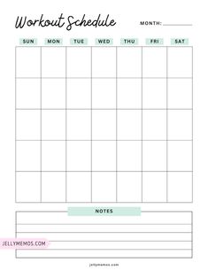 Reach your fitness goals with this cute & FREE printable workout schedule template! This cute printable exercise calendar + more template color schemes and designs are in the blog post. Just pick your favorite one, save and print! | printable calendar | exercise plan | workout calendar | fitness journal | fitness tracker | fitness goals | fitness motivation | life planner | personal planner | fitness schedule | exercise schedule | jellymemos.com Workout Journal Template, Exercise Calendar, Workout Calendar Printable, Fitness Schedule, Exercise Schedule, Fitness Journal Printable, Exercise Tracker, Core Strength Exercises