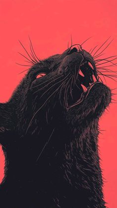 a black cat with its mouth open and it's tongue out in front of a red background