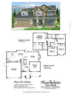 two story house plans with garage and living room in the front, one bedroom on the second