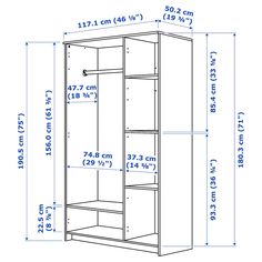 the measurements for a tall bookcase with drawers and shelves on each side is shown