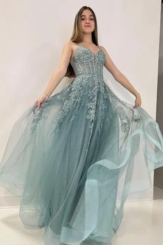 A-Line V Neck Tulle Lace Gray Green Long Prom Dress  PSK506-Pgmdress Green Long Prom Dress, Tulle Prom Dress Long, Lace Long Prom Dress, Grey Evening Dresses, Green Formal Dresses, Womens Prom Dresses, Lace Formal Dress, Lace Homecoming Dresses, Formal Party Dress