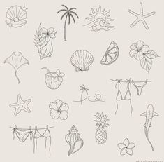 a drawing of various beach items on a line