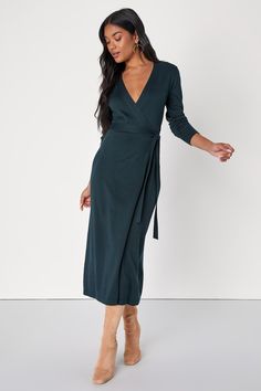 Emerald Green Sweater Dress - Midi Wrap Dress - Long Sleeve Dress - Lulus Red Velvet Wrap Dress, Mid Size Romantic Style, Sweater Dress For Wedding Guest, Work Wrap Dress, Midi Dress For Work, Fall Wedding Guest Dress 2024, Winter Wrap Dress, Business Professional Dresses For Women, Soft Dramatic Work Outfit