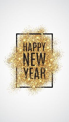 the words happy new year written in black and gold sprinkles on a white background