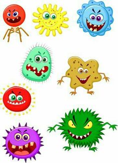 cartoon monsters with different facial expressions and teeth, including an evil one in the middle