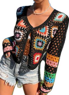 Black Bohemian Knit Cardigan, Bohemian Acrylic Cardigan, Bohemian Long Sleeve Acrylic Cardigan, Long Sleeve Acrylic Open Knit Cardigan, Long Sleeve Open Knit Acrylic Cardigan, Open Knit Acrylic Long Sleeve Cardigan, Multicolor Geometric Pattern Long Sleeve Sweater, Multicolor Long Sleeve Sweater With Geometric Pattern, Multicolor Open Knit Cardigan