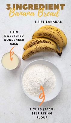 ingredients to make 3 ingredient banana bread on a white counter top with bananas and flour