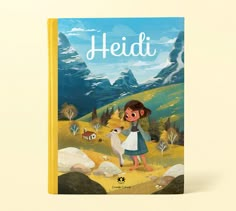 a children's book with an illustration of a girl feeding a sheep in the mountains