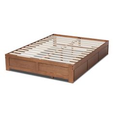 a wooden bed frame with two drawers on each side and one drawer at the end