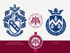 the coat of arms with family motto is shown in three different colors and designs, including red, white, and blue