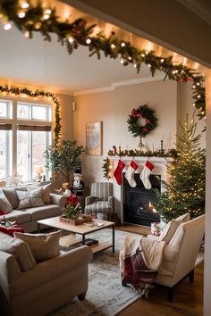 a living room filled with furniture and christmas decorations