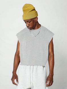 Light Grey Casual Collar Sleeveless Knitted Fabric Plain  Embellished Medium Stretch  Men Clothing Gray Cotton Sleeveless Sweater Vest, Sleeveless Streetwear Tops For Fall, Sleeveless Tops For Fall Streetwear, Casual Gray Crew Neck Vest, Oversized Cotton Sweater Vest Casual, Oversized Gray Ribbed Top, Casual Sleeveless Sweater Vest For Loungewear, Gray Knit Sleeveless Tank Top, Casual Gray Crew Neck Sweater Vest