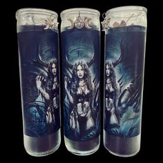 three glass jars with images of women on them, one is blue and the other is white