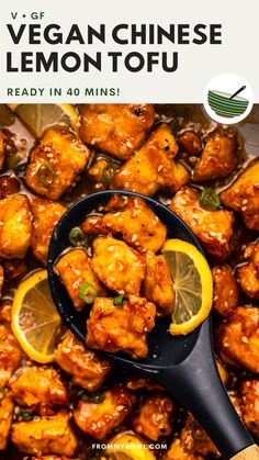 the cover of vegan chinese lemon tofu is shown in front of a pile of lemons