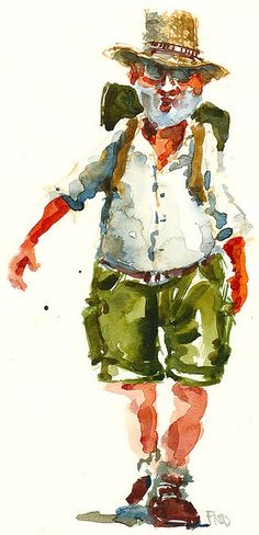 a watercolor painting of a man in shorts and a hat with a backpack on his back