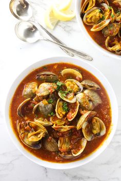 clams in red sauce with text overlay