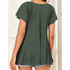 Dark Green Button Loose Style Short Sleeve Tees Relaxed Fit Solid Top With Buttons, V-neck T-shirt With Button Closure, Casual Green Tops With Button Closure, Green Button-up Solid Color Top, Green Tops With Buttons And Relaxed Fit, Green Relaxed Fit Top With Buttons, Green Solid Color Button-up Top, Green Short Sleeve Tops With Button Closure, Green Short Sleeve Top With Button Closure