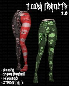 two leggings with green and red designs on them