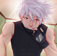 an anime character with white hair holding a cell phone in his hand and looking at the camera