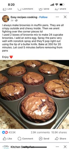 a cupcake tin filled with brownie muffins on top of a counter