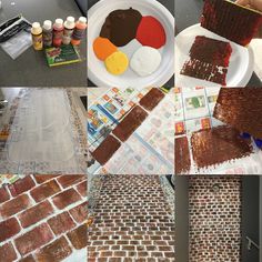 the process of making brick mosaics is being performed on paper plates and paintbrushes