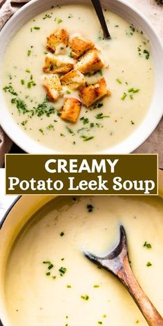 creamy potato leek soup with croutons and parsley