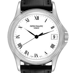 Patek Philippe Calatrava White Gold Automatic Mens Watch 5117. Automatic self-winding movement. 18k white gold case 37.0 mm in diameter. Transparent exhibition sapphire crystal caseback. 18k white gold hobnail bezel. Scratch resistant sapphire crystal. White dial with black Roman numerals. Date calendar window at 3 o'clock. Black leather strap with 18K white gold tang buckle. Transparent Exhibition, Patek Philippe Calatrava, Date Calendar, Cartier Watch, Crystal White, 3 O Clock, Gold Case, Beautiful Watches, Omega Seamaster