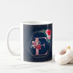 Blue E Monogram Floral Mug - tap, personalize, buy right now!  #blue, #monogram, #floral, #mug, #love, Monogram Wedding Gift, Floral Mug, Wedding Engagement Gifts, Newlywed Gifts, Wedding Memorial, Monogram Wedding, Anniversary Gift For Her